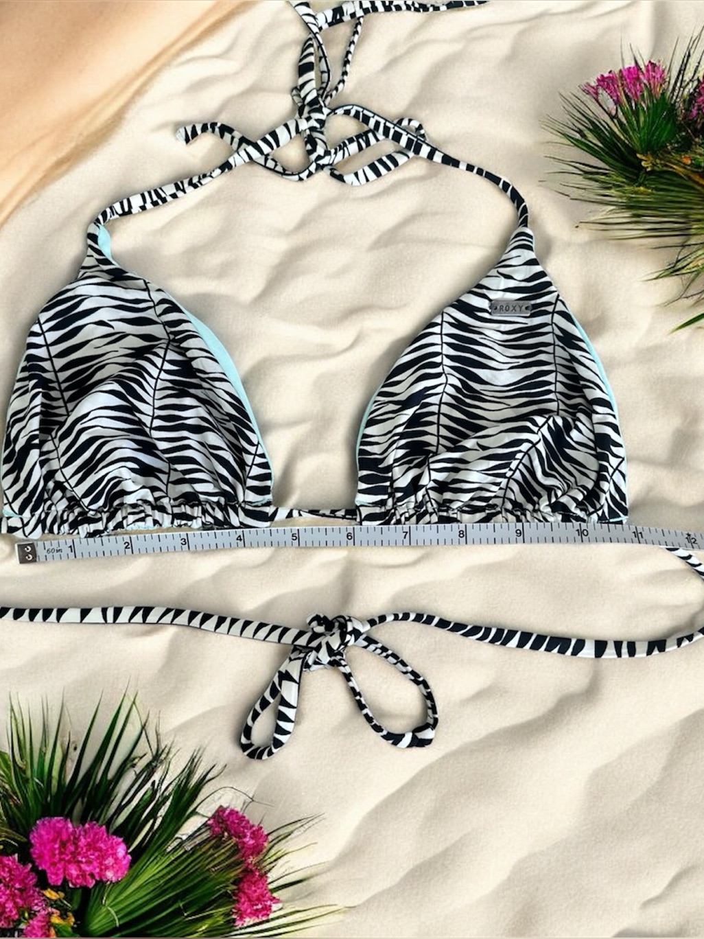 Roxy Triangle String Bikini Top Womens Zebra Print Swimwear Beach S/Xs Measured